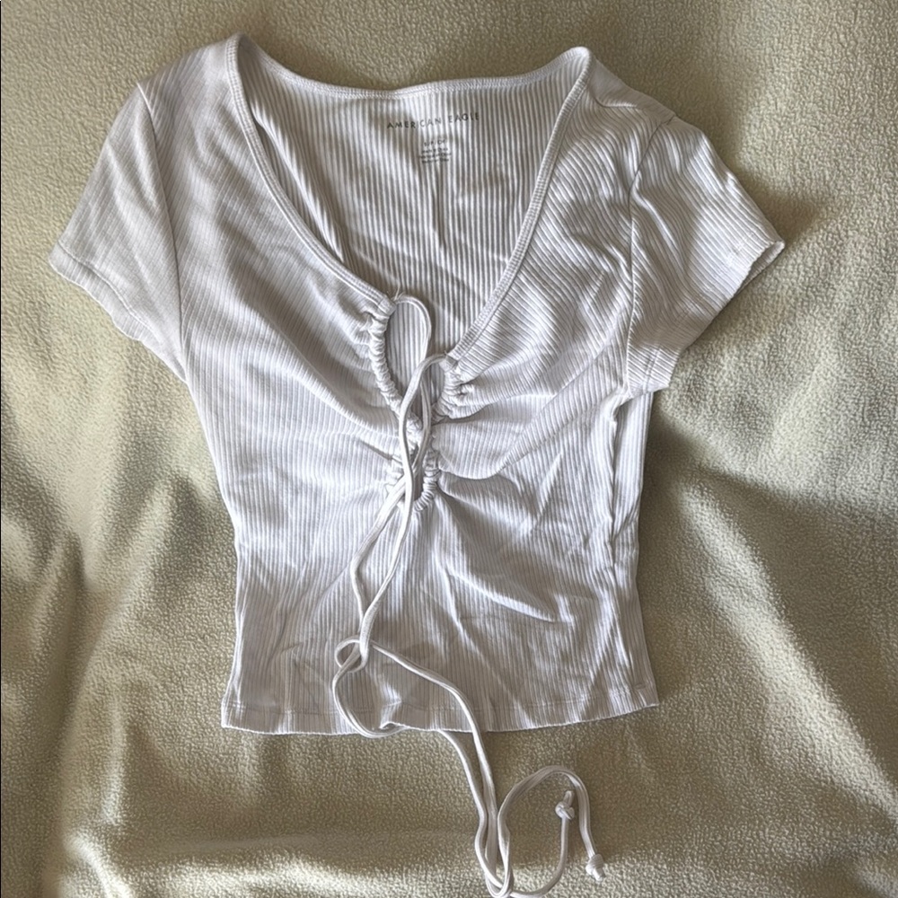 American Eagle White Ribbed Tie-Front Crop Top